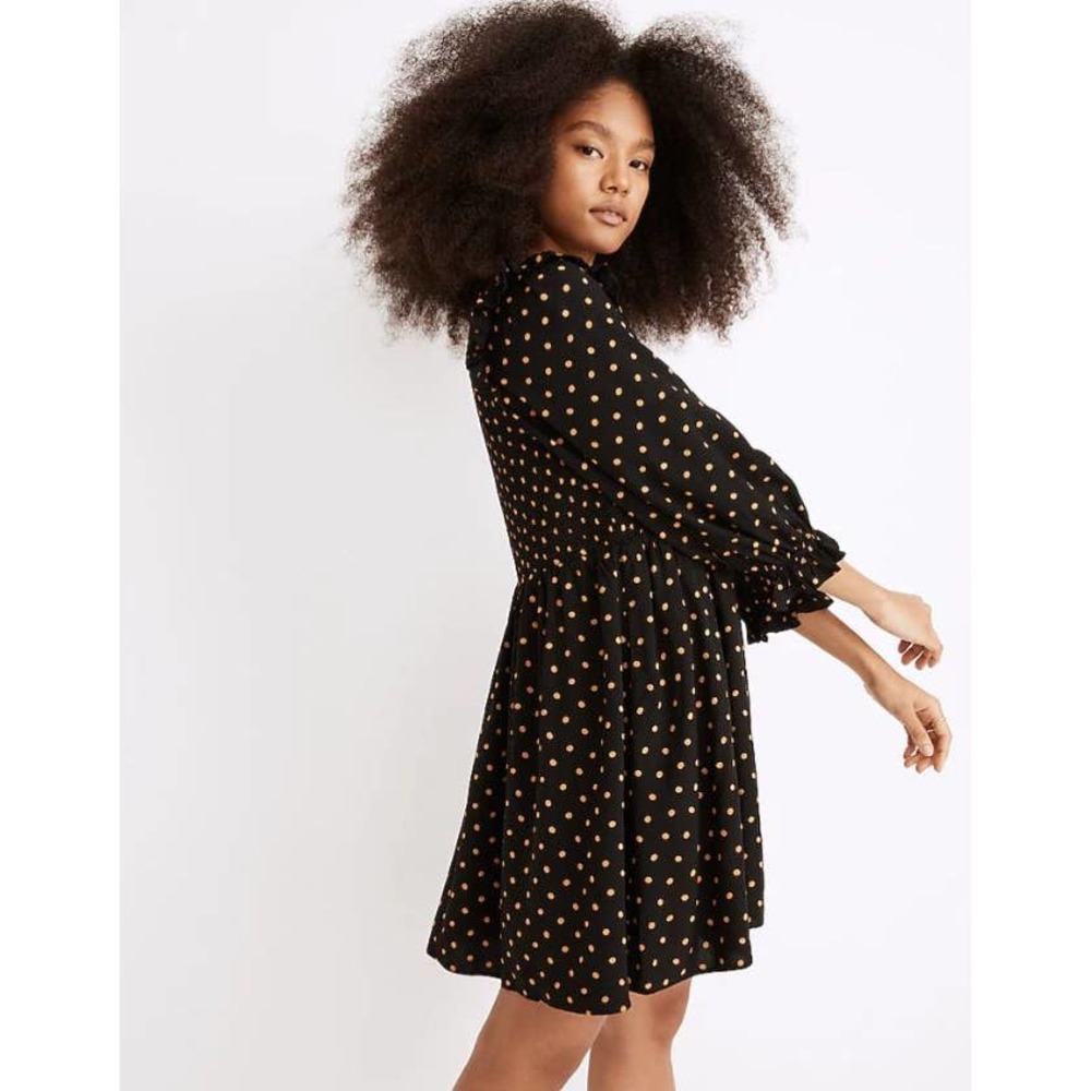 Madewell Lucie V-Neck Smocked Mini Dress in Oval Dot Orange Black S - Picture 2 of 14